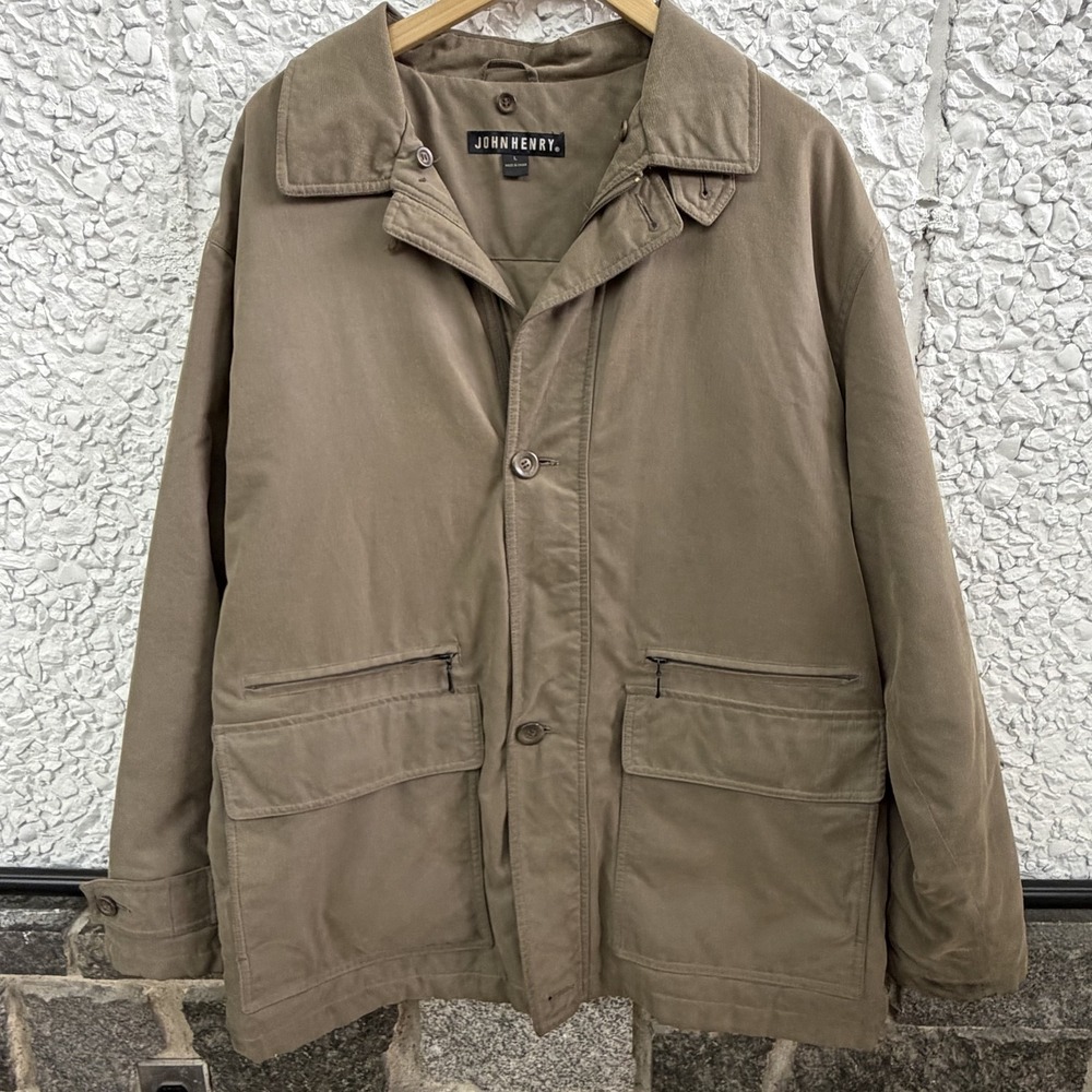 John Henry Jacket Mens Large Brown Nylon Canvas Lined Pockets Insulated Winter